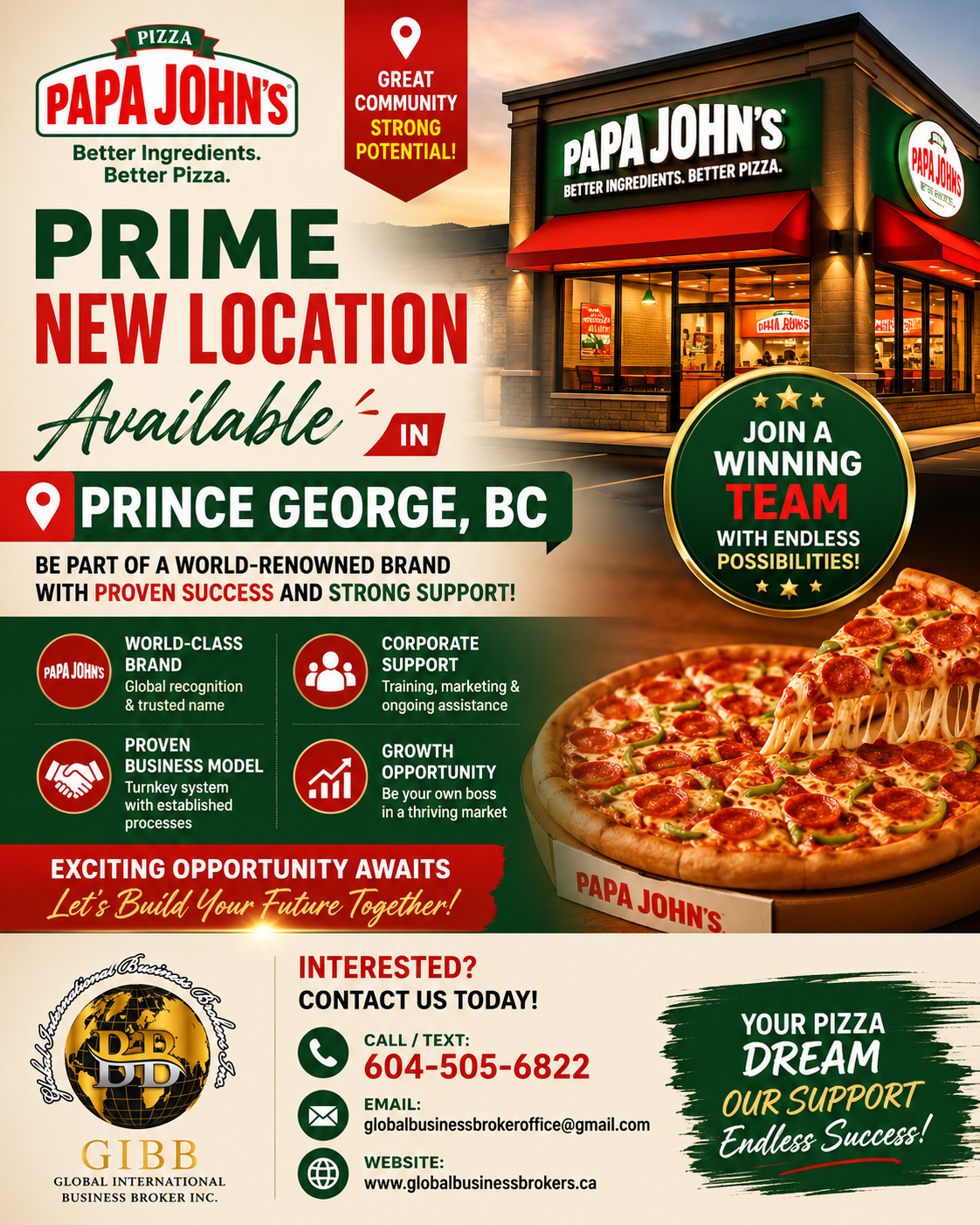 Papa John's Pizza franchise New Locations available in Prince George, BC